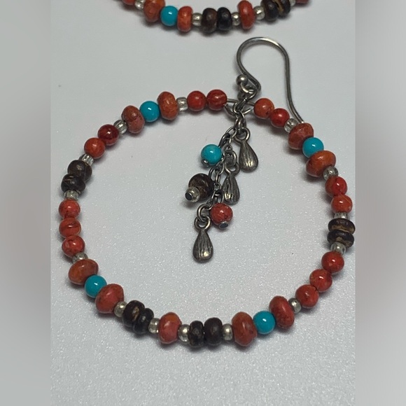 Silpada Rare Sterling Silver Coral, Turquoise, Wood, Shell Bead Hoop Earrings - Picture 8 of 16